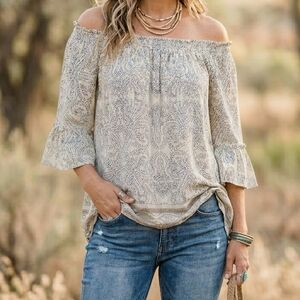 Spense Floral & Vine Cream Paisley Boho Off the Shoulder Blouse Size Large